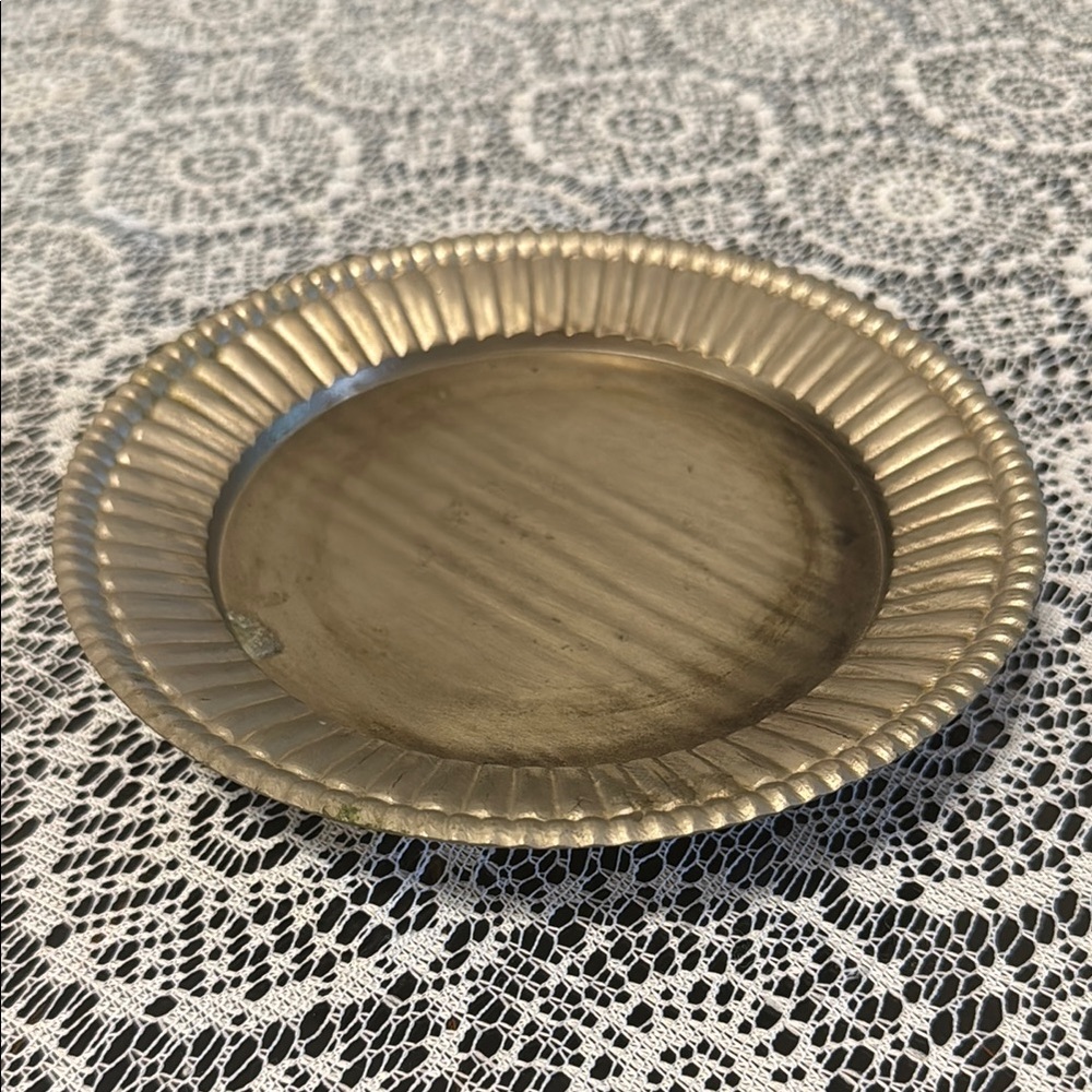Vtg Pewter Plate Candle Piller Stand Footed Plant Saucer Footed Made in India